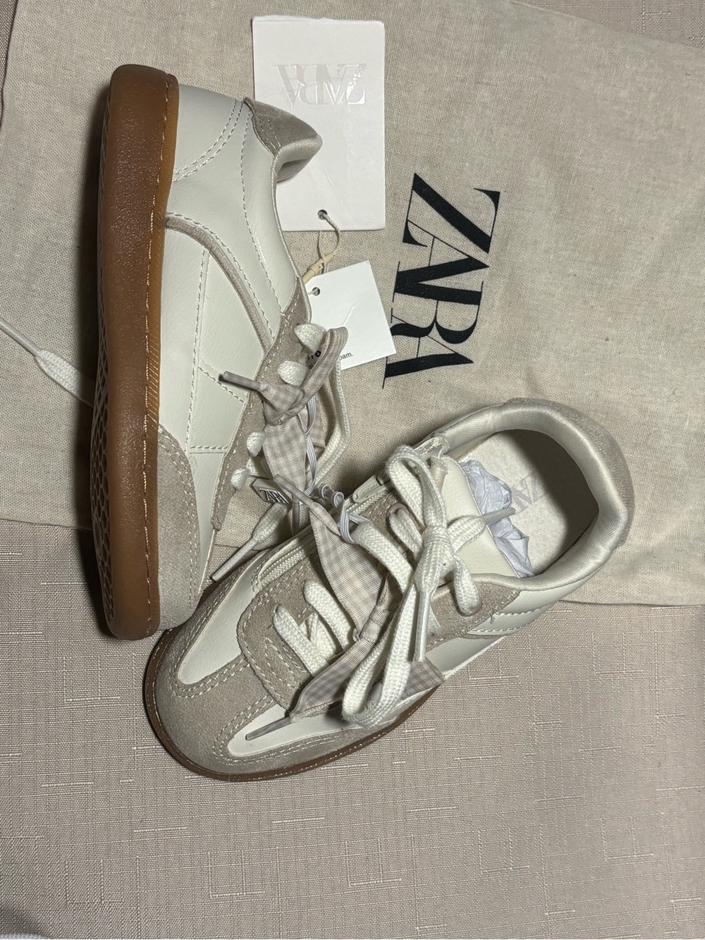 Zara Kids White and Tan Leather & Suede Sneakers